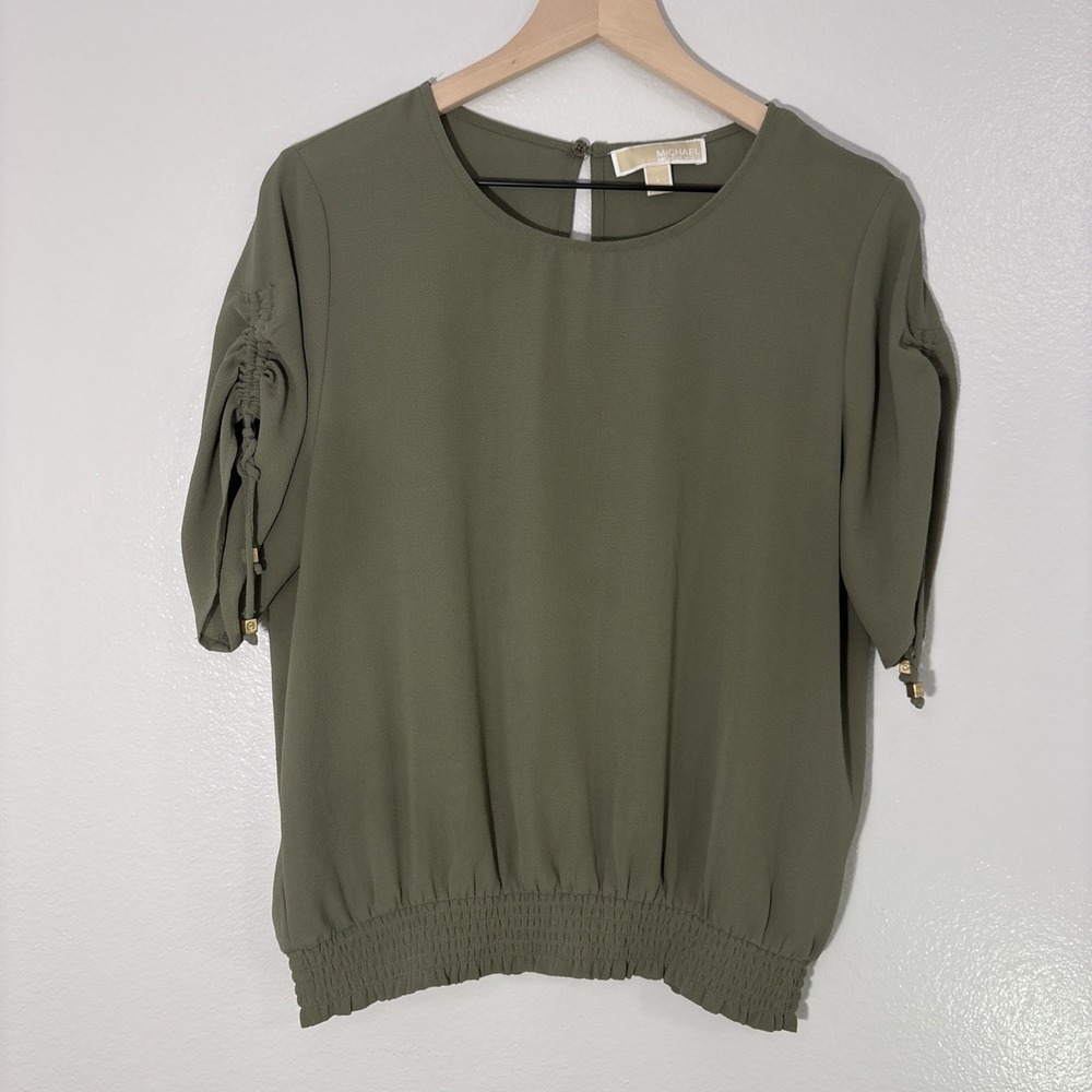 Michael Kors Green Boat Neck Smocked Waist Blouse Beads & Tassles Short Sleeve L
